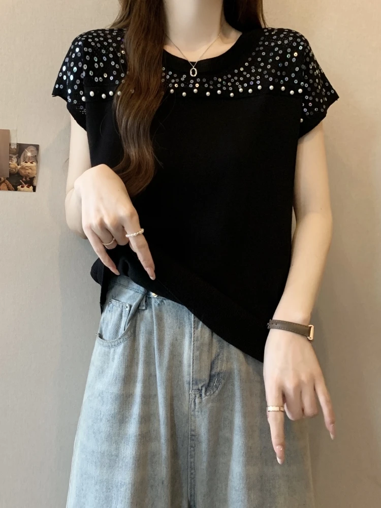 Slimming Short Sleeve T-Shirt Women's Summer Fashionable Bright Sequin Base Shirt Korean Style round Neck Loose Fit Basic Top
Slimming Short Sleeve T-Shirt Women's Summer Fashionable Bright Sequin Base Shirt Korean Style round Neck Loose Fit Basic Top