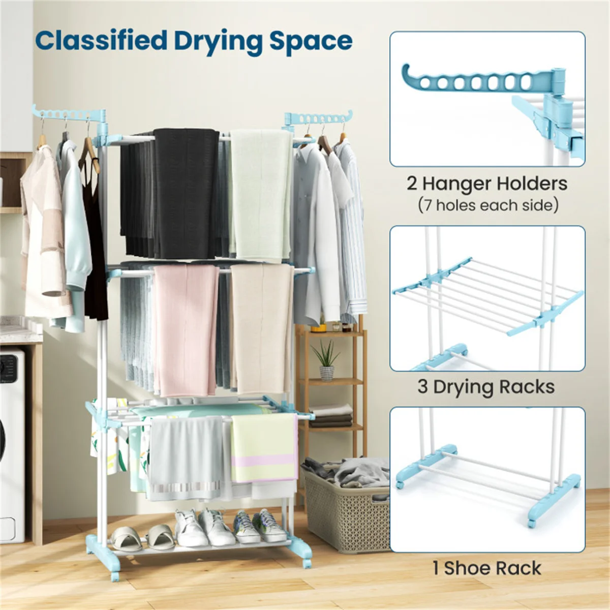 Blue 4-Tier Foldable Clothes Drying Rack with Wheels, Heavy Duty Metal Laundry Hanger Stand for Indoor Outdoor Use
Blue 4-Tier Foldable Clothes Drying Rack with Wheels, Heavy Duty Metal Laundry Hanger Stand for Indoor Outdoor Use