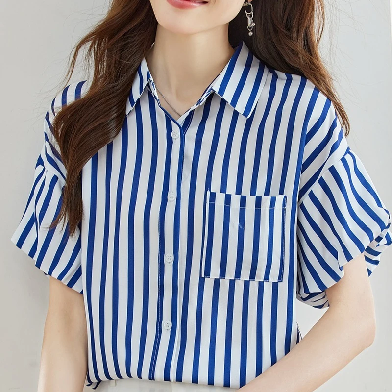 Chiffon Women's Shirt Stripe Vintage Blouses Summer Sleeveless Women Tops Pockets Loose Fashion Clothing
Chiffon Women's Shirt Stripe Vintage Blouses Summer Sleeveless Women Tops Pockets Loose Fashion Clothing