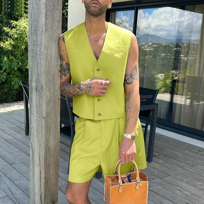 Men European V Neck Sleeveless Vest High Waist Wide Leg Shorts Summer Casual Two Piece Outfit
Men European V Neck Sleeveless Vest High Waist Wide Leg Shorts Summer Casual Two Piece Outfit