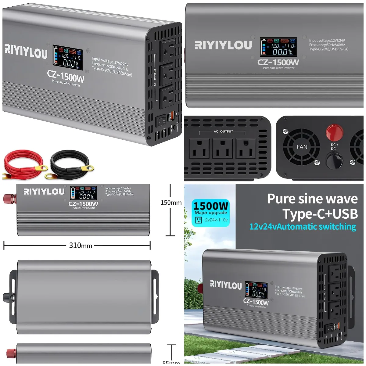 1500W Pure Sine Wave Inverter, 12V/24V Auto-Detect, LCD, Type-C, Silent, Overheat Protection for RV/Home
1500W Pure Sine Wave Inverter, 12V/24V Auto-Detect, LCD, Type-C, Silent, Overheat Protection for RV/Home