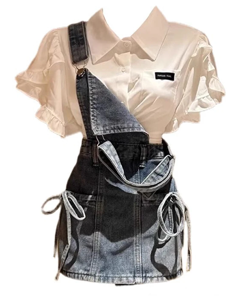 2025 Women's New Sweet Cool Spicy Girl College Style Polo Collar Short Sleeve White Shirt Girl Cowboy Strap Skirt Two Piece Set
2025 Women's New Sweet Cool Spicy Girl College Style Polo Collar Short Sleeve White Shirt Girl Cowboy Strap Skirt Two Piece Set