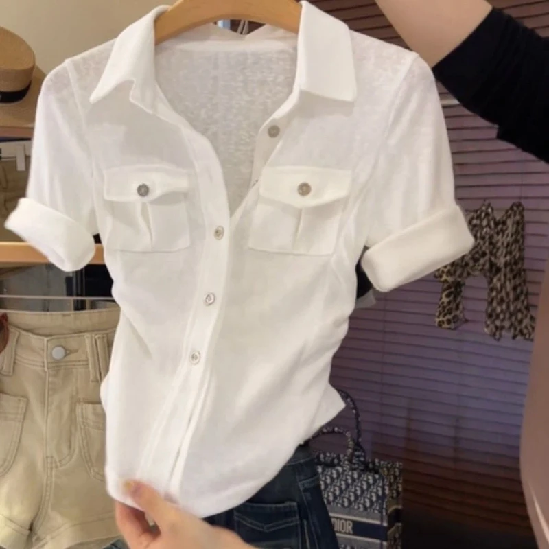 Temperament Button Patchwork Slim T Shirts New Women Clothing Short Sleeve Neck Solid Elegant Blouse Trend Korean Summer
Temperament Button Patchwork Slim T Shirts New Women Clothing Short Sleeve Neck Solid Elegant Blouse Trend Korean Summer