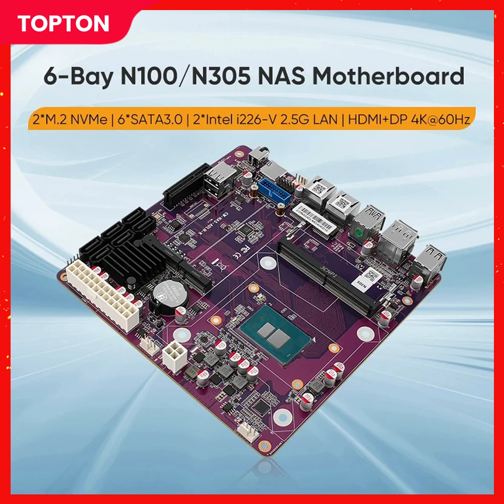 Topton 12th Gen i3-N305 N100 2*Intel i226-V 2.5G NAS Motherboard 6-Bay 6*SATA3.0 Soft Rout 1*DDR5 4800MHz Firewall ITX Mainboard
Topton 12th Gen i3-N305 N100 2*Intel i226-V 2.5G NAS Motherboard 6-Bay 6*SATA3.0 Soft Rout 1*DDR5 4800MHz Firewall ITX Mainboard