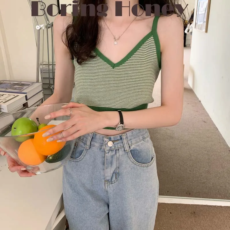 Boring Honey Fashion Stripe Knitted Sling Vest Top Women Base Shirt Short Sleeveless Tops V-Neck Chic Korean Style Women Clothes
Boring Honey Fashion Stripe Knitted Sling Vest Top Women Base Shirt Short Sleeveless Tops V-Neck Chic Korean Style Women Clothes