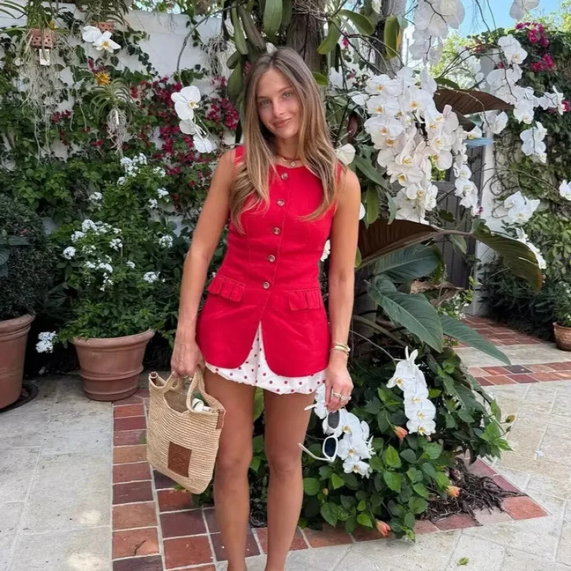 2025 Summer New Fashion Red Sleeveless Button Vest Women
2025 Summer New Fashion Red Sleeveless Button Vest Women