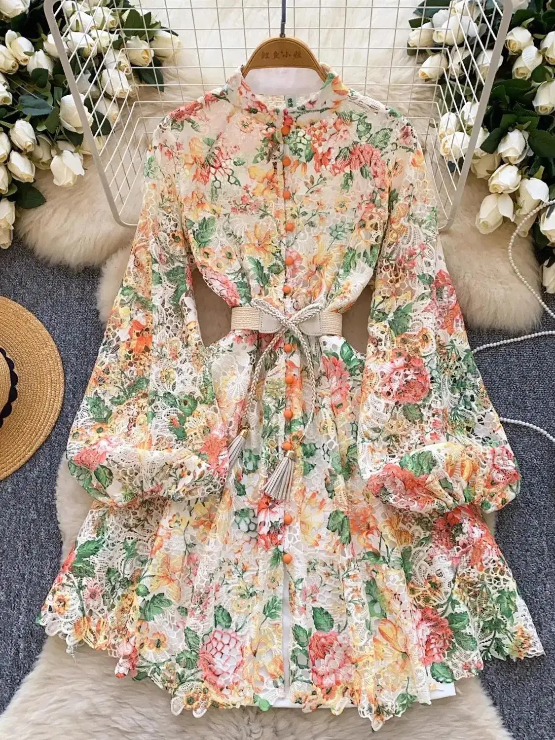 Women Stand Long Lantern Sleeve Sashes Mini Dress 2025 New Spring Elegant Water Soluble Lace Embroidery Flower Short Vestidos
Women Stand Long Lantern Sleeve Sashes Mini Dress 2025 New Spring Elegant Water Soluble Lace Embroidery Flower Short Vestidos