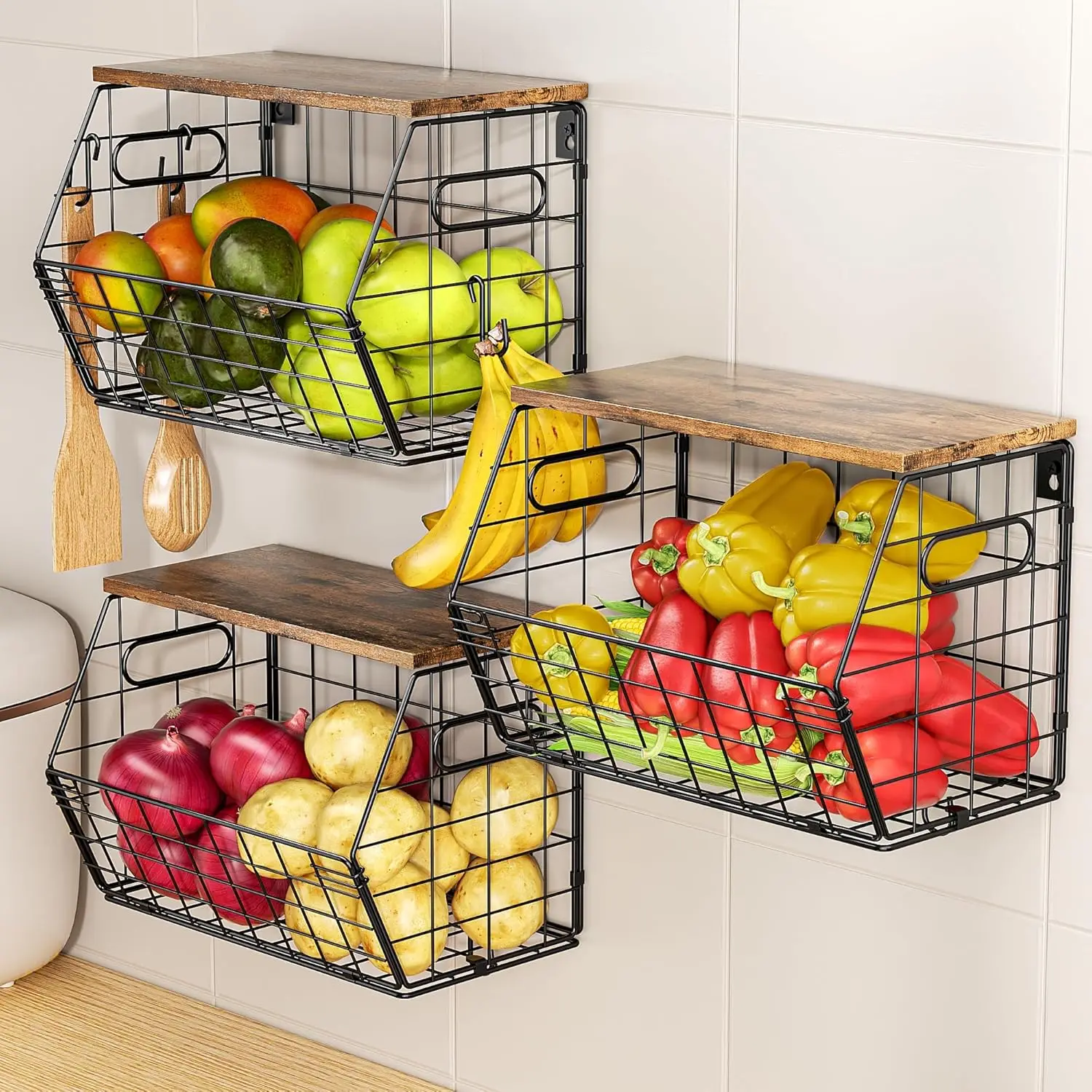 Stackable Metal Fruit Basket with Wood Lid 3 Pack, Hanging Wall Organizer for Kitchen Counter, Pantry Storage
Stackable Metal Fruit Basket with Wood Lid 3 Pack, Hanging Wall Organizer for Kitchen Counter, Pantry Storage