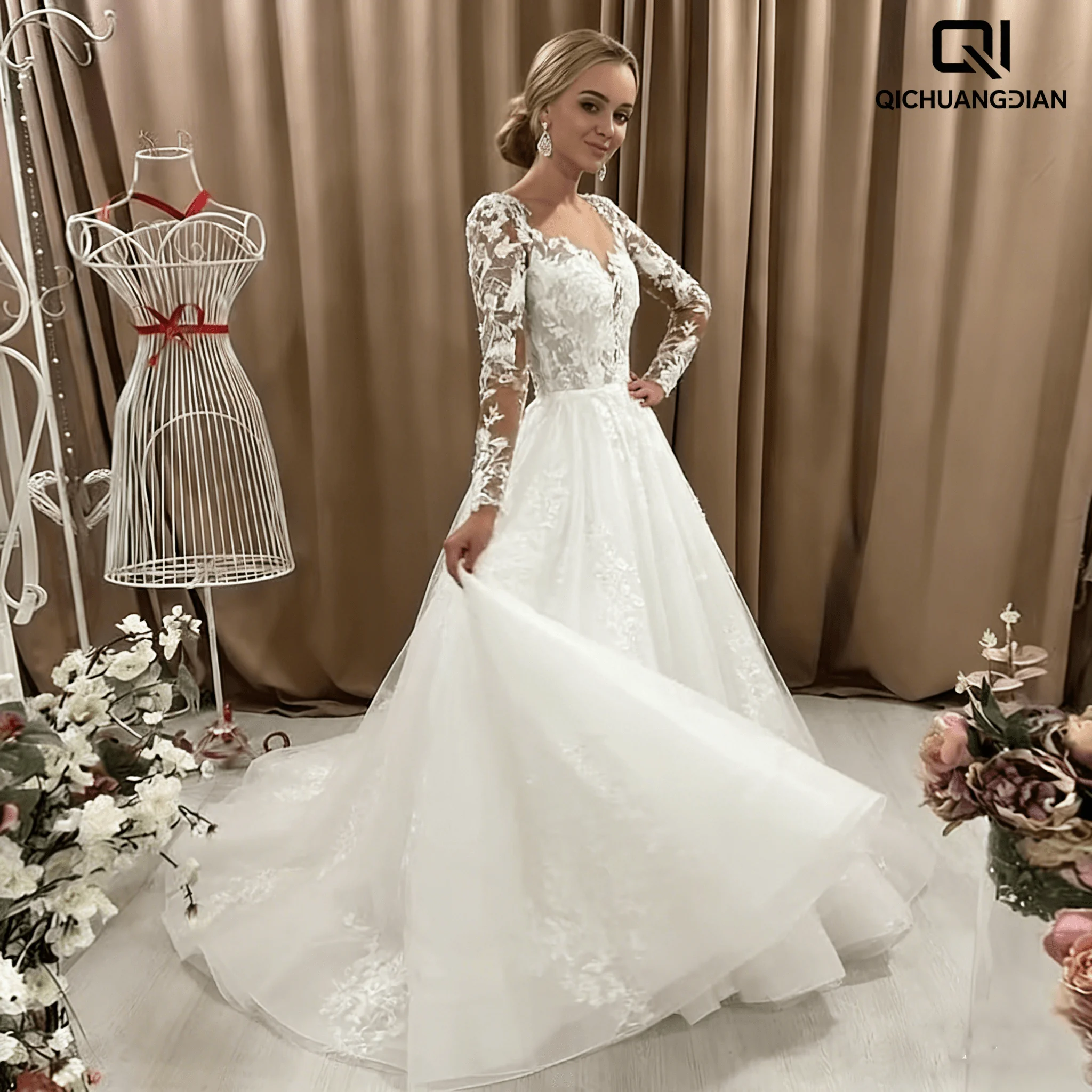 Customized Simple V-Neck Wedding Dresses for Woman Long Sleeves Appliques A-line Court Train Backless Pleat Robe De Marie
Customized Simple V-Neck Wedding Dresses for Woman Long Sleeves Appliques A-line Court Train Backless Pleat Robe De Marie