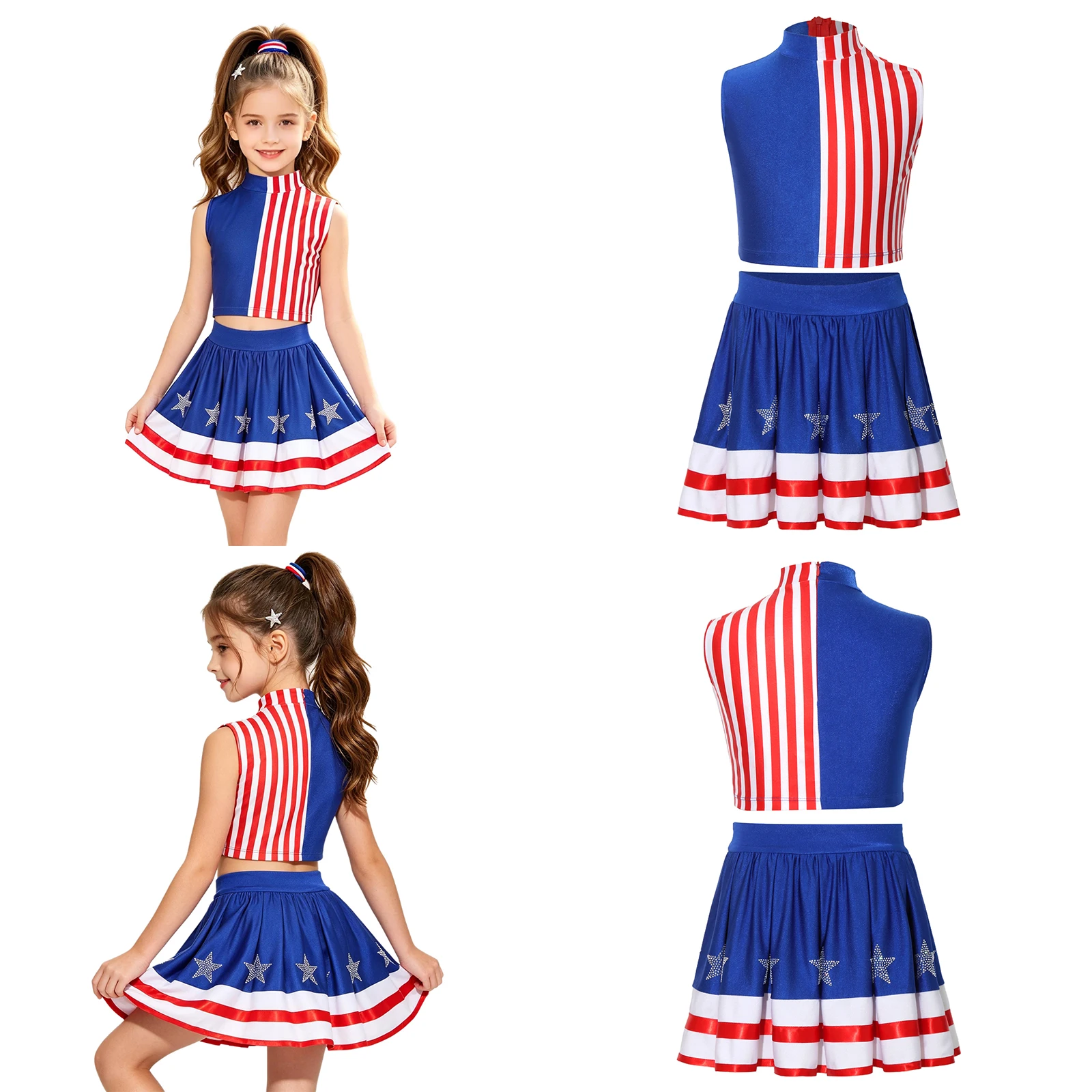 Girls Independence Day Costume Cheerleading Outfit Mock Neck Color Block Striped Crop Top Vest with Rhinestone Stars Skirt Sets
Girls Independence Day Costume Cheerleading Outfit Mock Neck Color Block Striped Crop Top Vest with Rhinestone Stars Skirt Sets