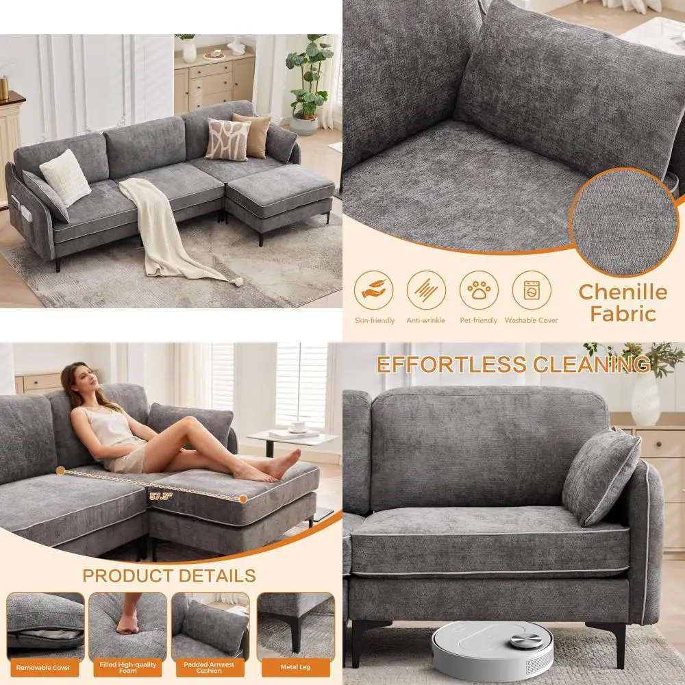 Modern 3-Seat L-Shaped Sectional Sofa with Movable Ottoman, Chenille Fabric Couch for Living Room and Apartment
Modern 3-Seat L-Shaped Sectional Sofa with Movable Ottoman, Chenille Fabric Couch for Living Room and Apartment