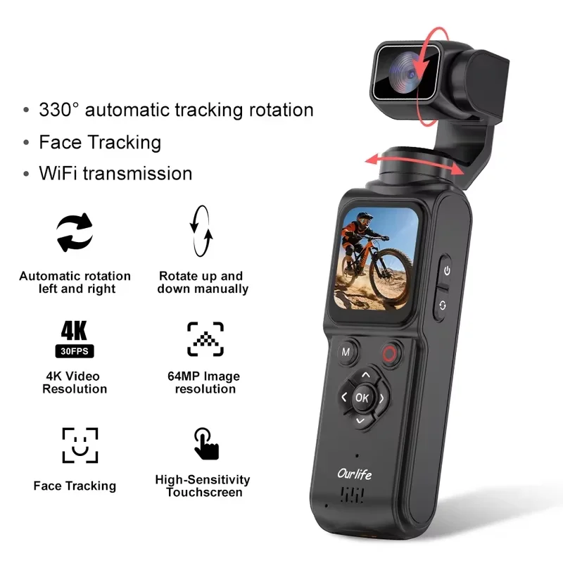 Ourlife 4K Action Camera 330° Face Tracking Gimbal Stabilizer 1.72 Inch Touch Screen 64MP Pocket Digital Camera WiFi Sports Cam
Ourlife 4K Action Camera 330° Face Tracking Gimbal Stabilizer 1.72 Inch Touch Screen 64MP Pocket Digital Camera WiFi Sports Cam