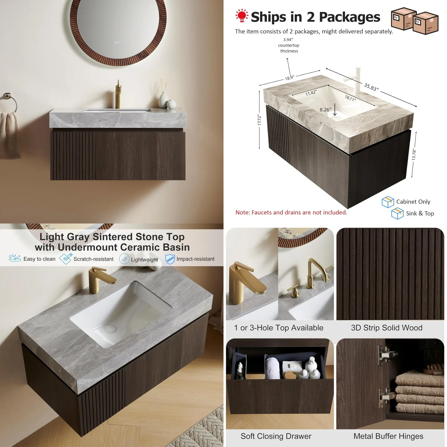36" Floating Vanity Sink Plywood Cabinet Drawer Door Stone Top Ceramic Basin Woodgrain Customized
36" Floating Vanity Sink Plywood Cabinet Drawer Door Stone Top Ceramic Basin Woodgrain Customized