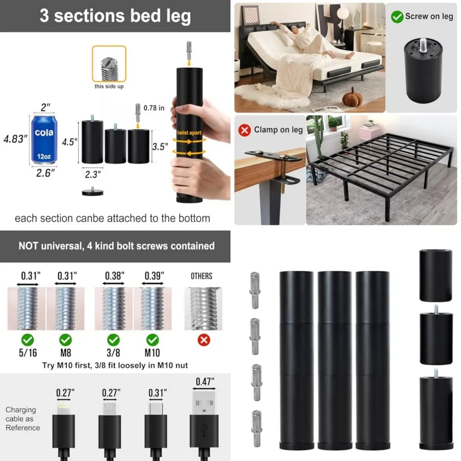 Adjustable Bed Legs Replacement for Adjustable Bed Base Frame, 4 Kind Threads Include, 12 inch 3-in-1 Screw in Legs
Adjustable Bed Legs Replacement for Adjustable Bed Base Frame, 4 Kind Threads Include, 12 inch 3-in-1 Screw in Legs