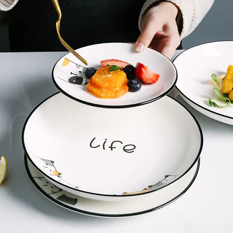 Милая керамическая тарелка, бытовая тарелка, посуда для кошек, мультяшные тарелки, поднос для завтрака, тарелка для торта на тарелке, посуда, тарелка с милым котом