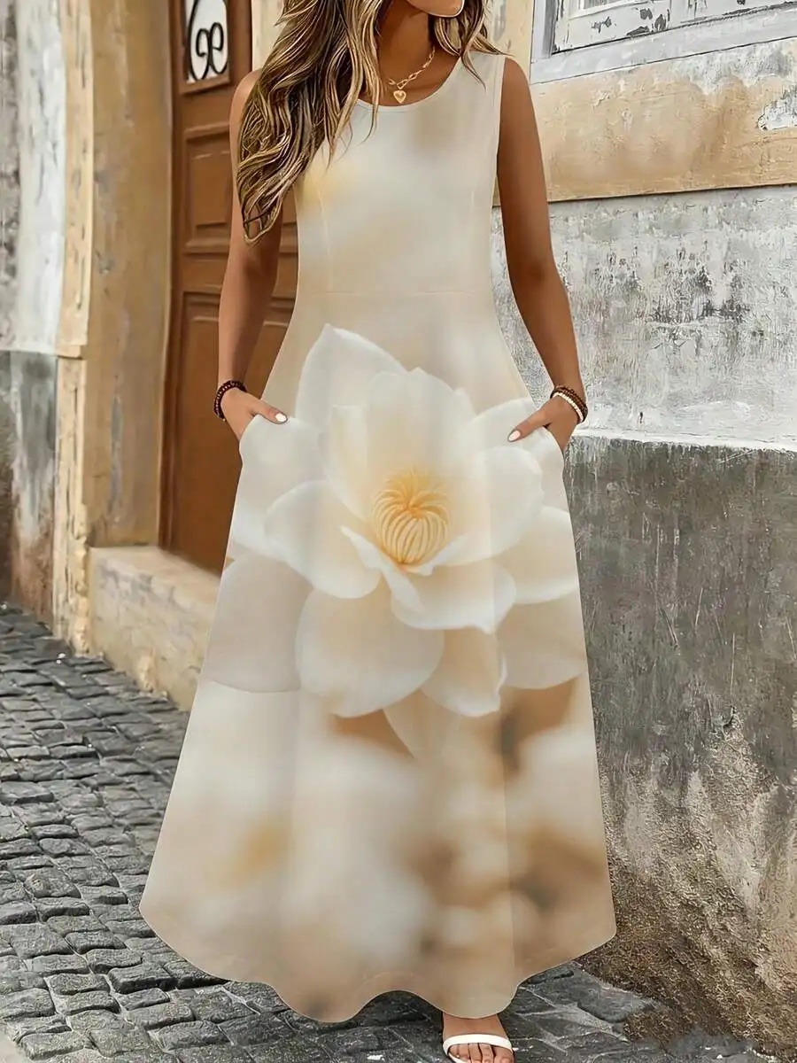 Sleeveless Maxi Dress Cream White Flower Print Summer Beach Vacation Women Fashion Botanical Pattern
Sleeveless Maxi Dress Cream White Flower Print Summer Beach Vacation Women Fashion Botanical Pattern