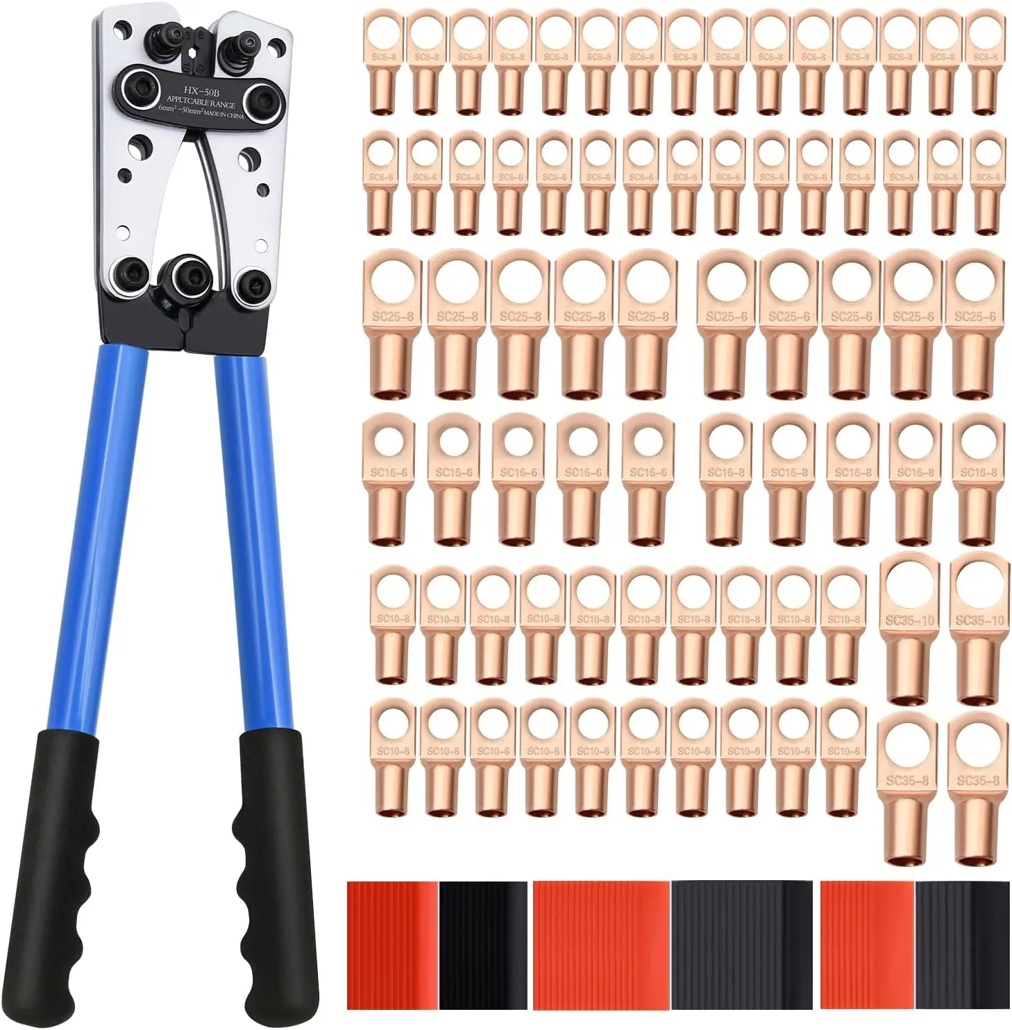 Cable Lug Crimping Tool with 74pcs Copper Wire Lugs, 100pcs Heat Shrink Tubing, AWG 10-1/0 Rotary Crimper, Ergonomic Handle for
Cable Lug Crimping Tool with 74pcs Copper Wire Lugs, 100pcs Heat Shrink Tubing, AWG 10-1/0 Rotary Crimper, Ergonomic Handle for