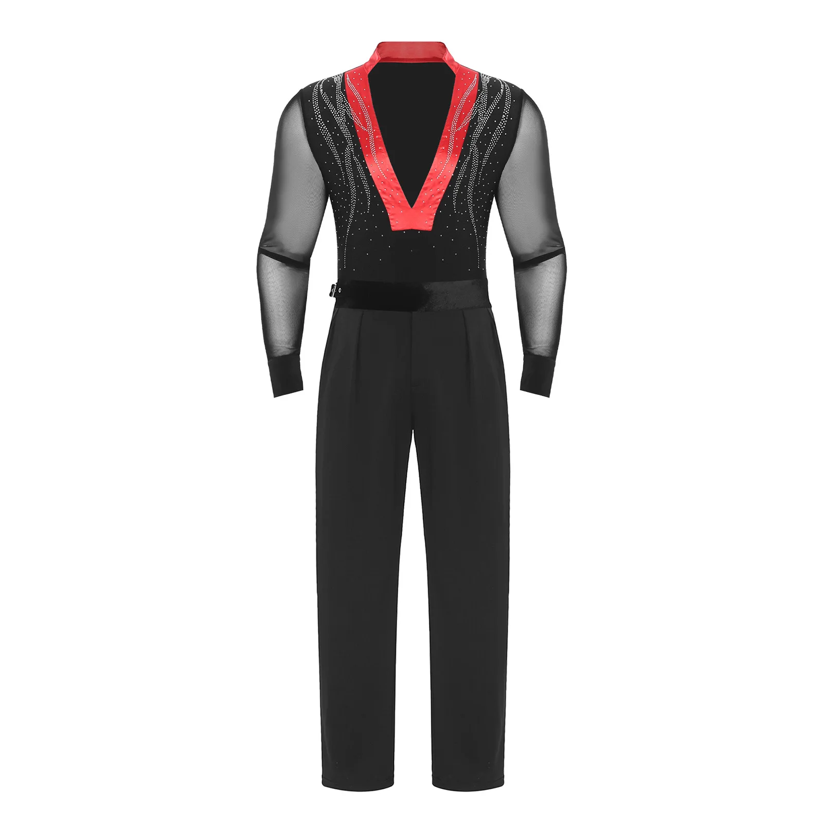Mens Latin Tango Dance Outfit Sheer Mesh Long Sleeve Color Block V-neck Rhinestone Bodysuit+Long Pants for Ballet Salsa Dance
Mens Latin Tango Dance Outfit Sheer Mesh Long Sleeve Color Block V-neck Rhinestone Bodysuit+Long Pants for Ballet Salsa Dance
