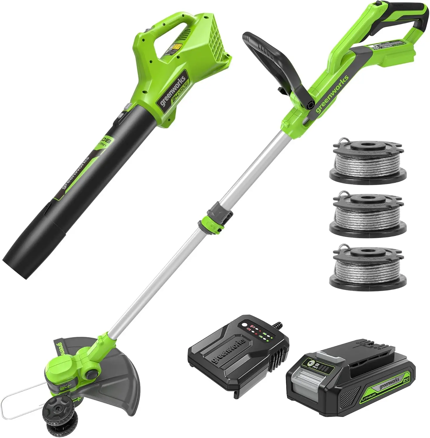24V 12-Inch Cordless String Trimmer/Edger and Leaf Blower Combo Kit + 3 Bonus Spools, 2.0Ah Battery and Charger Included 
24V 12-Inch Cordless String Trimmer/Edger and Leaf Blower Combo Kit + 3 Bonus Spools, 2.0Ah Battery and Charger Included