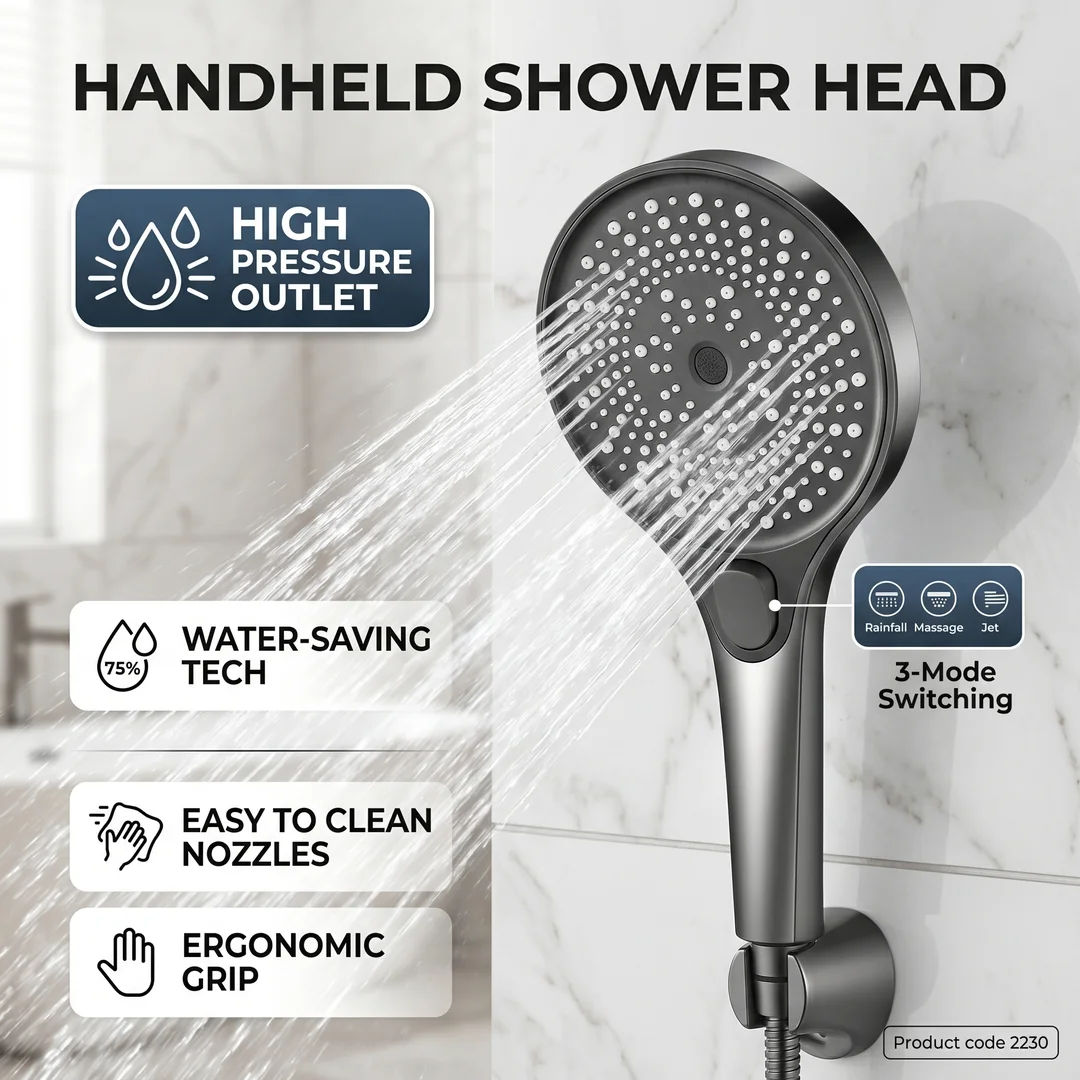 High Pressure Boost Handheld Shower Head, 3 Spray Modes Rainfall/Massage/Jet, G1/2 Universal Connection, Bathroom
High Pressure Boost Handheld Shower Head, 3 Spray Modes Rainfall/Massage/Jet, G1/2 Universal Connection, Bathroom