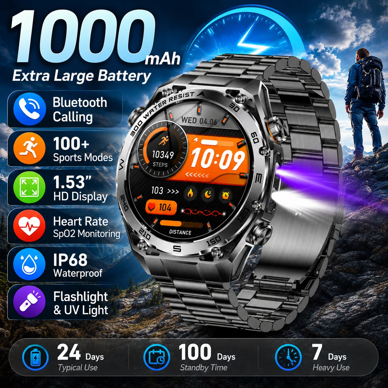 LIGE New 1000mAh Large Battery Smart Watch Waterproof Flashlight 24H Heart Rate Monitor 1.53 inch AMOLED Screen Sport Smartwatch
LIGE New 1000mAh Large Battery Smart Watch Waterproof Flashlight 24H Heart Rate Monitor 1.53 inch AMOLED Screen Sport Smartwatch