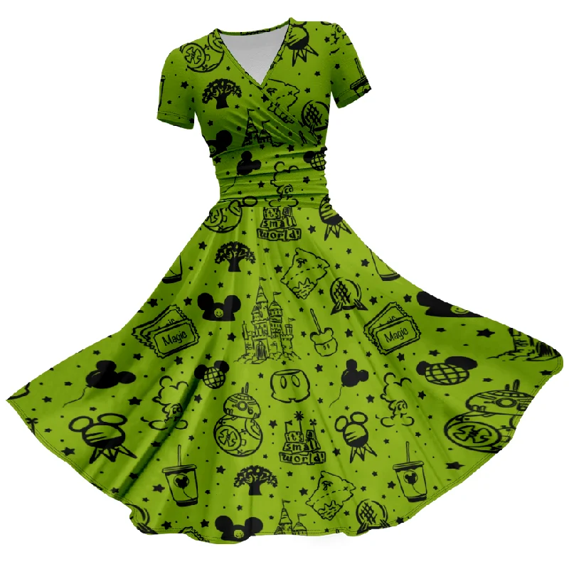 Женская темно-зеленая Милая повседневная юбка с мультяшным принтом, платья с коротким рукавом и поясом, женское Клубное платье 
Женская темно-зеленая Милая повседневная юбка с мультяшным принтом, платья с коротким рукавом и поясом, женское Клубное платье