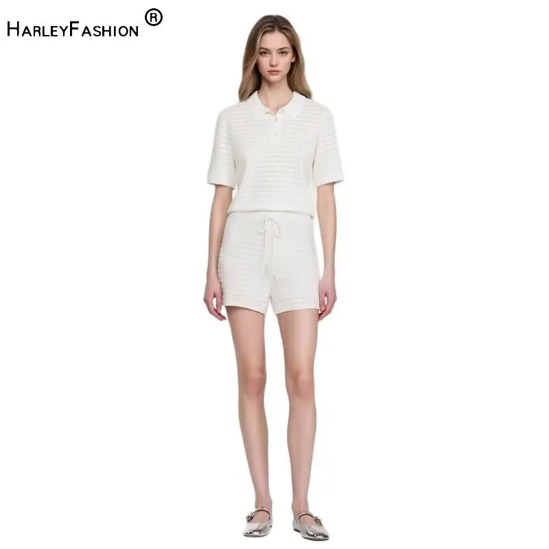 Lady Summer Solid Casual Wear Turn-down Collar Short Sleeve Pullover Tops Wide Legs Shorts Women Hollow Out Knits 2pcs
Lady Summer Solid Casual Wear Turn-down Collar Short Sleeve Pullover Tops Wide Legs Shorts Women Hollow Out Knits 2pcs