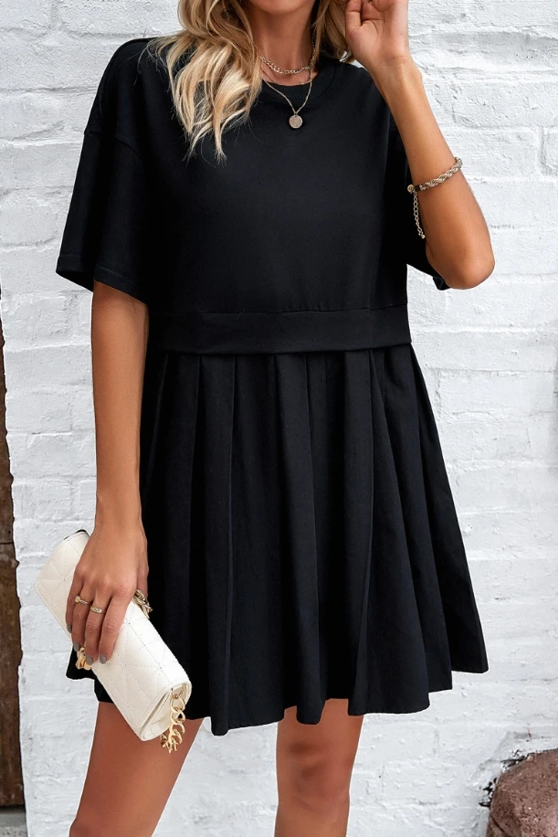 Elegant Elegant Round Neck Loose Short Sleeved Patchwork Pleated A-Line Short Skirt Fashion Casual Versatile Solid Color Dress
Elegant Elegant Round Neck Loose Short Sleeved Patchwork Pleated A-Line Short Skirt Fashion Casual Versatile Solid Color Dress