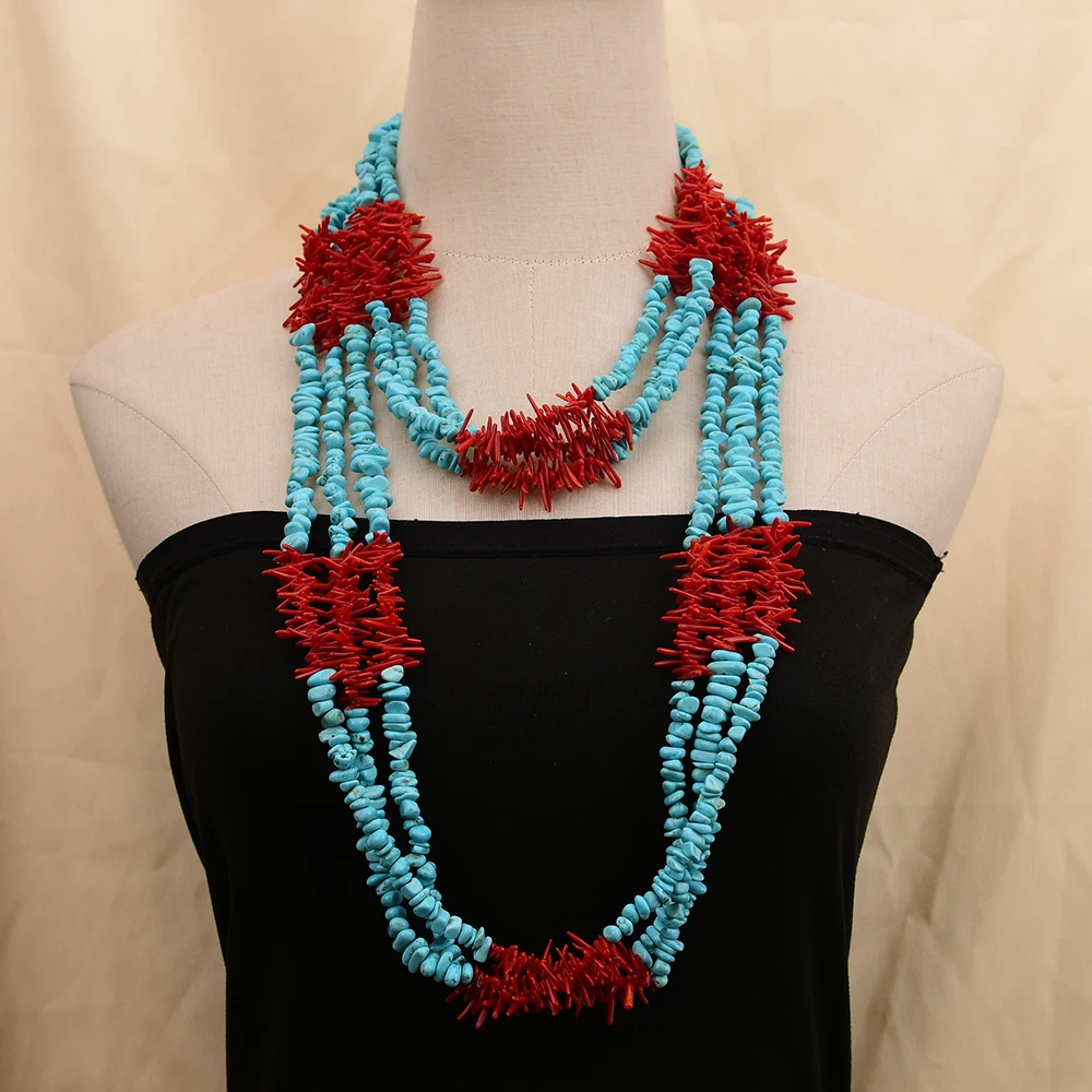 G-G 6 Rows Blue Turquoise Stone Red Coral Chips Big Style Necklace Handmade Lady Jewelry
G-G 6 Rows Blue Turquoise Stone Red Coral Chips Big Style Necklace Handmade Lady Jewelry