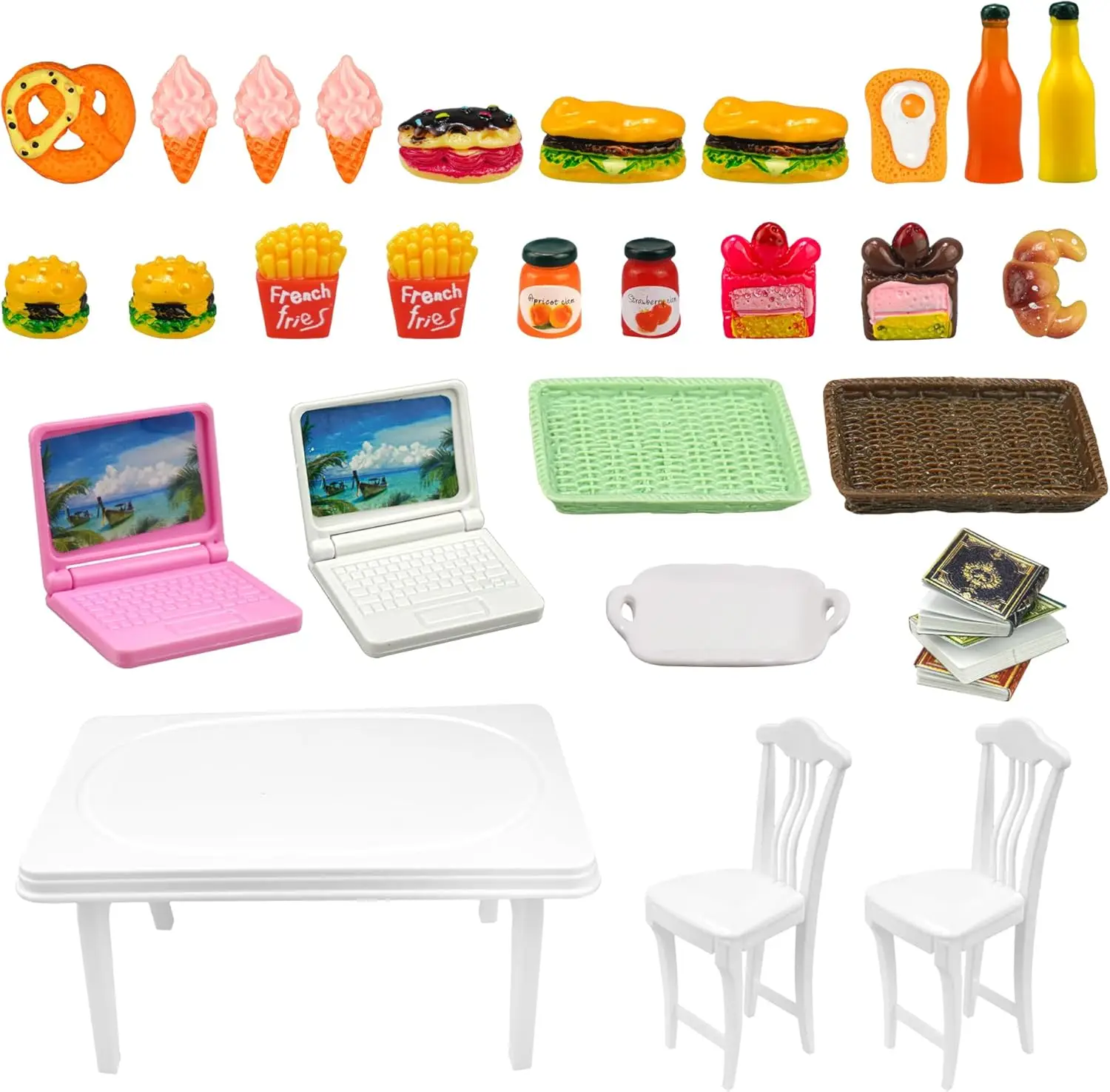 30Pc Mini Dollhouse Furniture Set: Food, Laptop, Books, Table & Chairs
30Pc Mini Dollhouse Furniture Set: Food, Laptop, Books, Table & Chairs