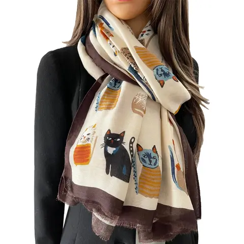 Animal Printed Scarf Cartoon Cat Pattern Hijab Soft Viscose Remove Edge Long Shawl Women Colorful Foulard Wraps Tippet
