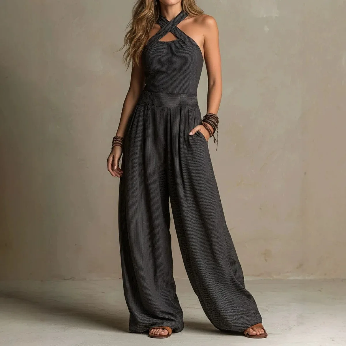 For Woman Jumpsuit Knit Solid Color Long Pants Jumpsuits Sleeveless Mid Waist Romper Halter Neck Cross Front Wide Leg Jumpsuit
For Woman Jumpsuit Knit Solid Color Long Pants Jumpsuits Sleeveless Mid Waist Romper Halter Neck Cross Front Wide Leg Jumpsuit