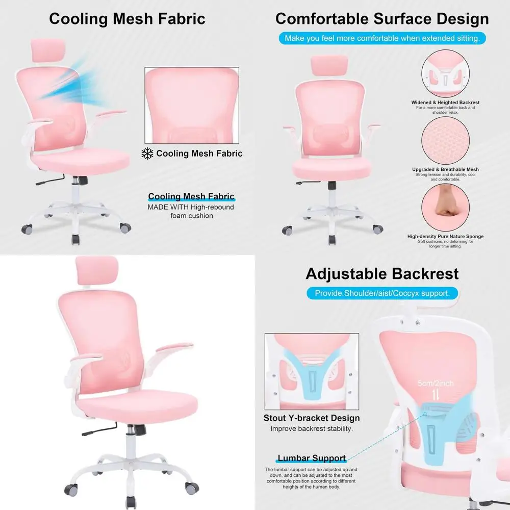 Ergonomic High-Back Mesh Office Chair with Flip-Up Armrests, White & Pink, Suitable for Home and Work
Ergonomic High-Back Mesh Office Chair with Flip-Up Armrests, White & Pink, Suitable for Home and Work