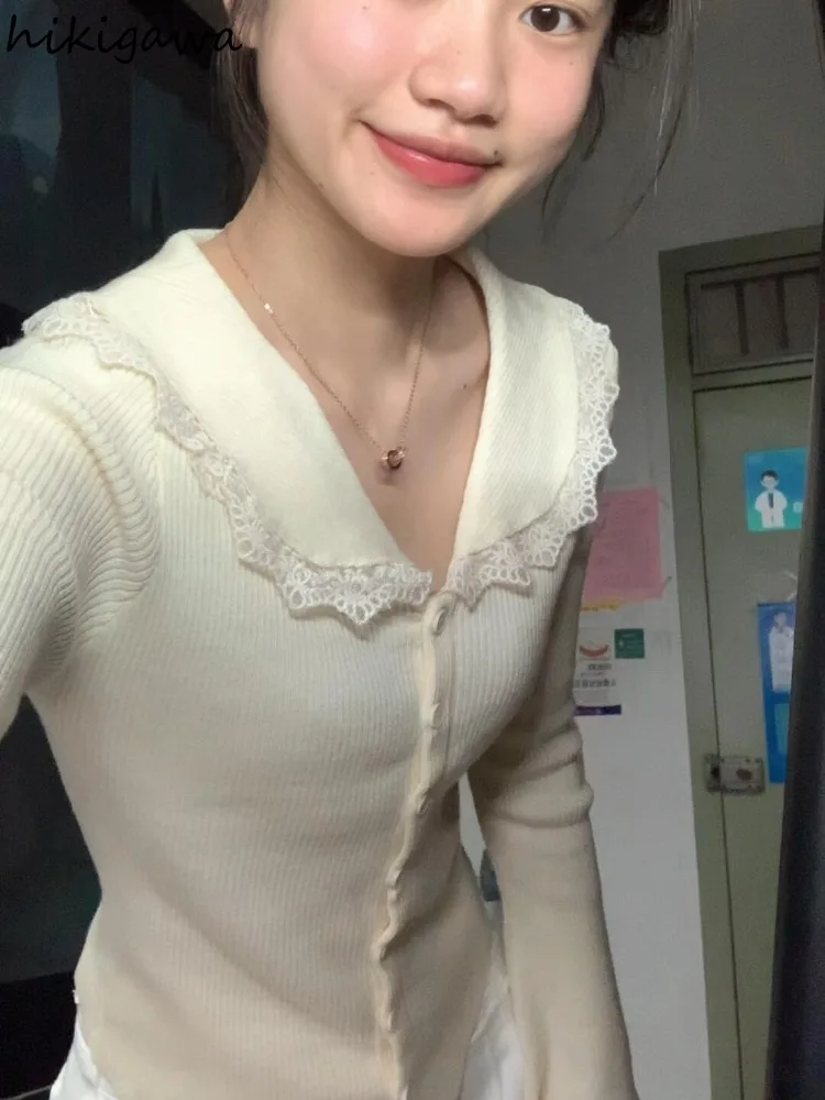 Темперамент Sueter Mujer трикотаж кардиган пальто с воротником «Питер Пэн» с длинными рукавами Sweet Pull Femme вязаный женский свитер с оборками 
Темперамент Sueter Mujer трикотаж кардиган пальто с воротником «Питер Пэн» с длинными рукавами Sweet Pull Femme вязаный женский свитер с оборками