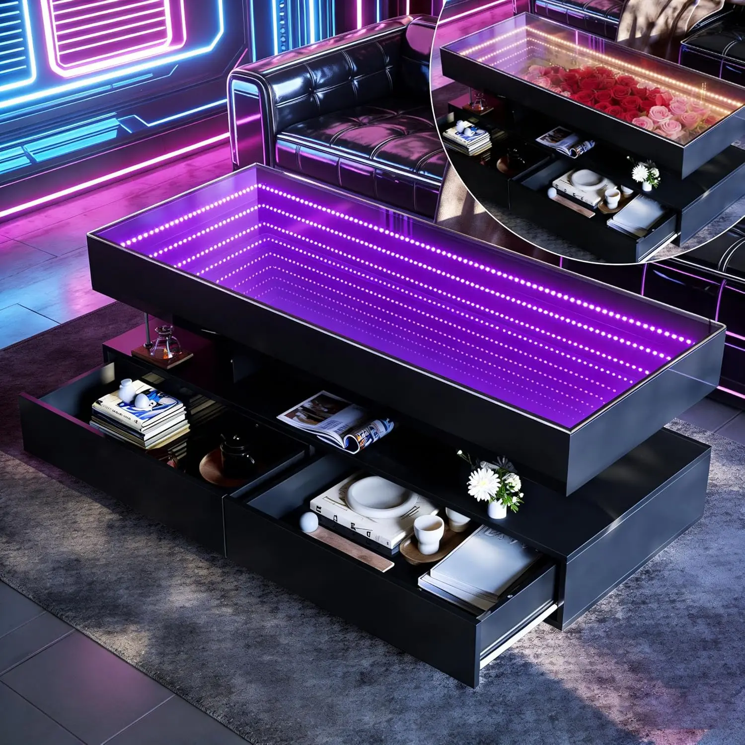 47.2" LED Coffee Table 2 Storage Drawers 3D Infinity Mirror Lights High Glossy Rectangle Living Room Furniture, Customized
47.2" LED Coffee Table 2 Storage Drawers 3D Infinity Mirror Lights High Glossy Rectangle Living Room Furniture, Customized