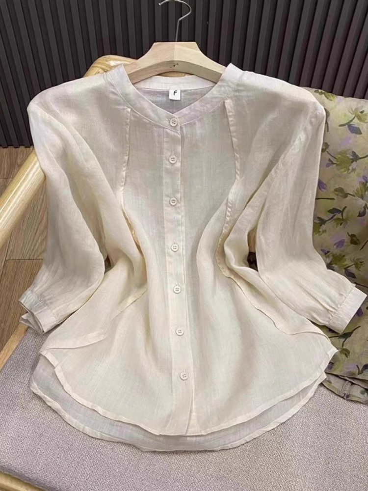 High-End Lyocell Flax Stand Collar Seven-Sleeve Sun Protection Shirt Women Summer Thin Loose Slimming Cotton Linen Top
High-End Lyocell Flax Stand Collar Seven-Sleeve Sun Protection Shirt Women Summer Thin Loose Slimming Cotton Linen Top