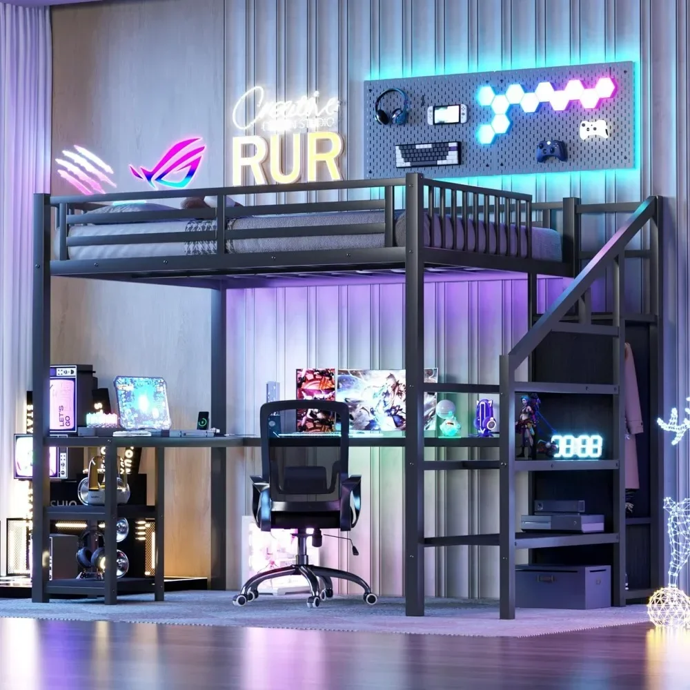 Full Size Loft Bed with Stairs and Desk, Metal Loft Bed with LED Light, Bed Frame with Storage Shelves and Charging Station
Full Size Loft Bed with Stairs and Desk, Metal Loft Bed with LED Light, Bed Frame with Storage Shelves and Charging Station