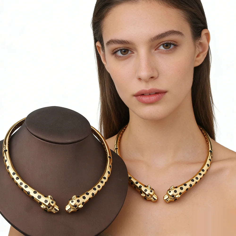 Luxury Fashion Charm Open necklet Necklace Brass Choker Double Head Leopard Print Bracelet Cuff Bangle Women Party Jewelry Set
Luxury Fashion Charm Open necklet Necklace Brass Choker Double Head Leopard Print Bracelet Cuff Bangle Women Party Jewelry Set