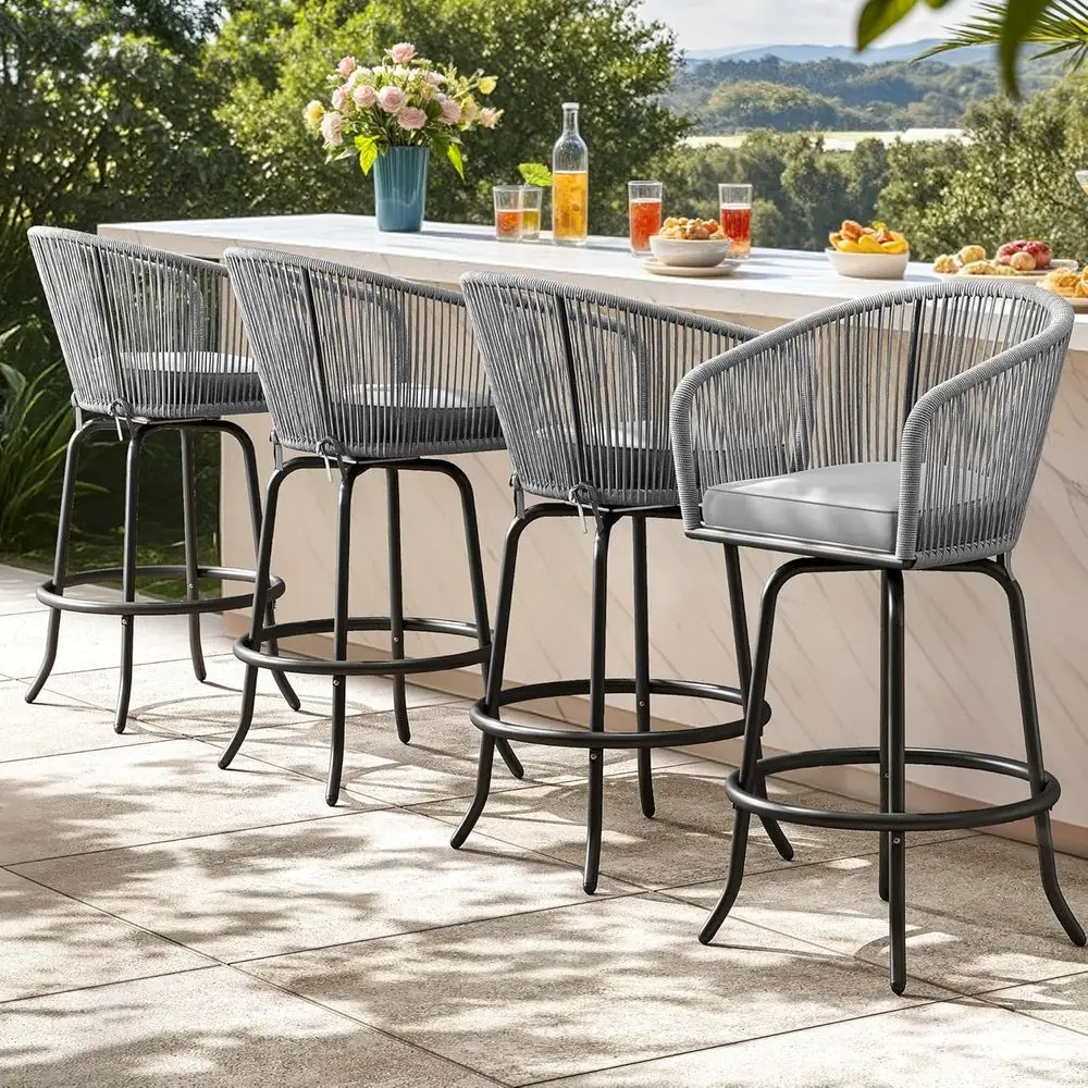 Set of 4 Outdoor Swivel Bar Stools with Cushions, Gray Rattan Patio Chairs for Backyard and Poolside, 360° Rotation
Set of 4 Outdoor Swivel Bar Stools with Cushions, Gray Rattan Patio Chairs for Backyard and Poolside, 360° Rotation