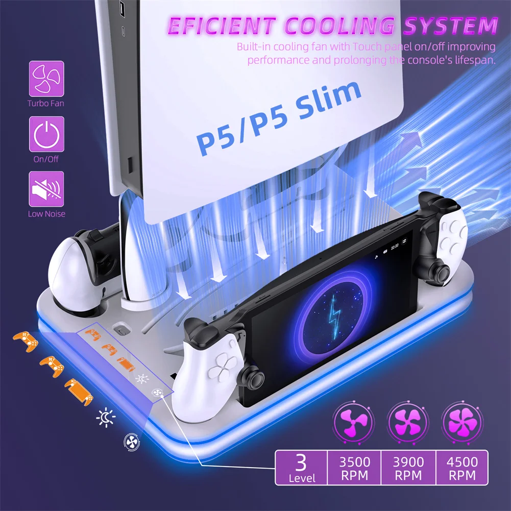 Подставка и охлаждающая станция, совместимая с PS5/PS5 Slim, 5 режимов, RBG подсветка, зарядная станция с держателем гарнитуры
Подставка и охлаждающая станция, совместимая с PS5/PS5 Slim, 5 режимов, RBG подсветка, зарядная станция с держателем гарнитуры