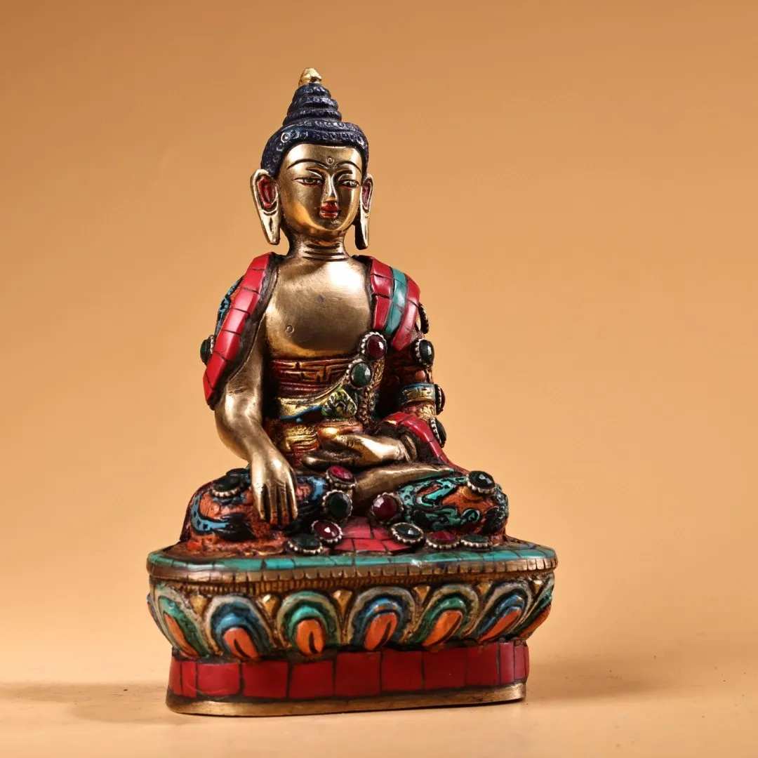Tibetan copper painted face inlaid with gemstones, turquoise pine, Buddha Buddha, Rulai home hall ornaments 17cm
Tibetan copper painted face inlaid with gemstones, turquoise pine, Buddha Buddha, Rulai home hall ornaments 17cm