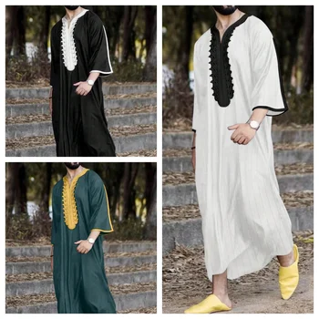 이슬람 카프탄 무슬림 남성 의류, 모로코 카프탄 손 자수, 느슨하고 통기성 Djellaba Abaya Thobe 남성용, 여름 2024
