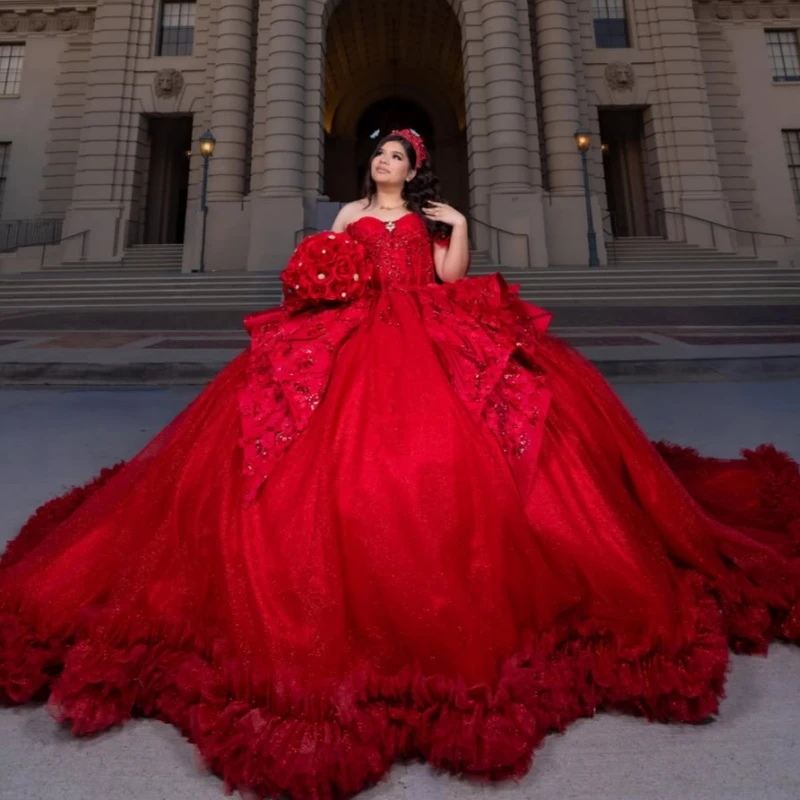 Red Shiny Ball Gown Quinceanera Dresses Applique Lace Beading Crystal Tiered Tull Bow Corset Off The Shoulder Sweet 16 Dress
Red Shiny Ball Gown Quinceanera Dresses Applique Lace Beading Crystal Tiered Tull Bow Corset Off The Shoulder Sweet 16 Dress