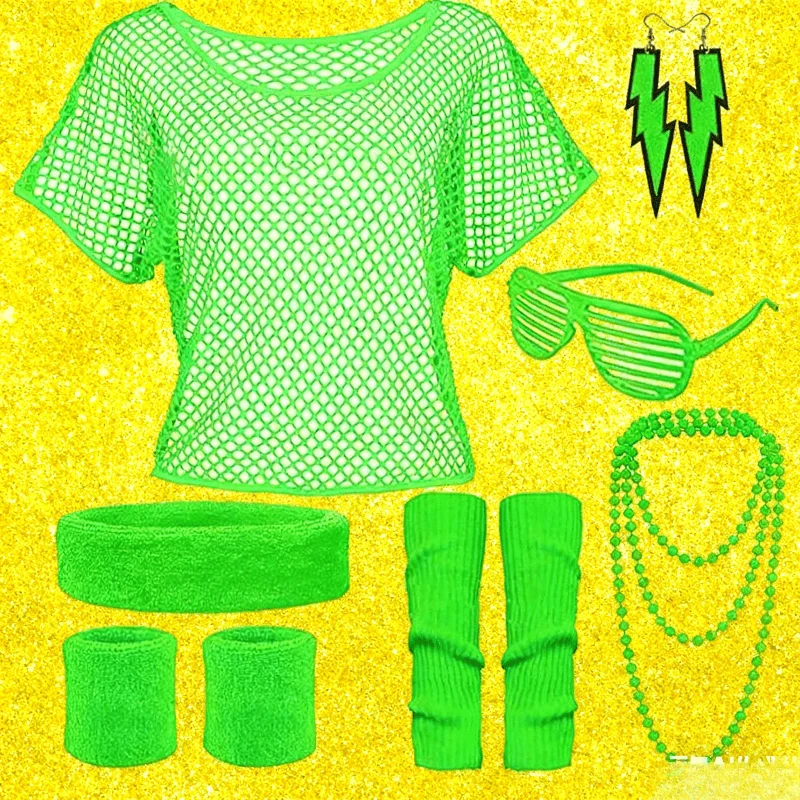 Neon 7-Piece Disco Set Fishnet Sleeves Earrings Necklace Leg Warmers 70s Party Outfit
Neon 7-Piece Disco Set Fishnet Sleeves Earrings Necklace Leg Warmers 70s Party Outfit
