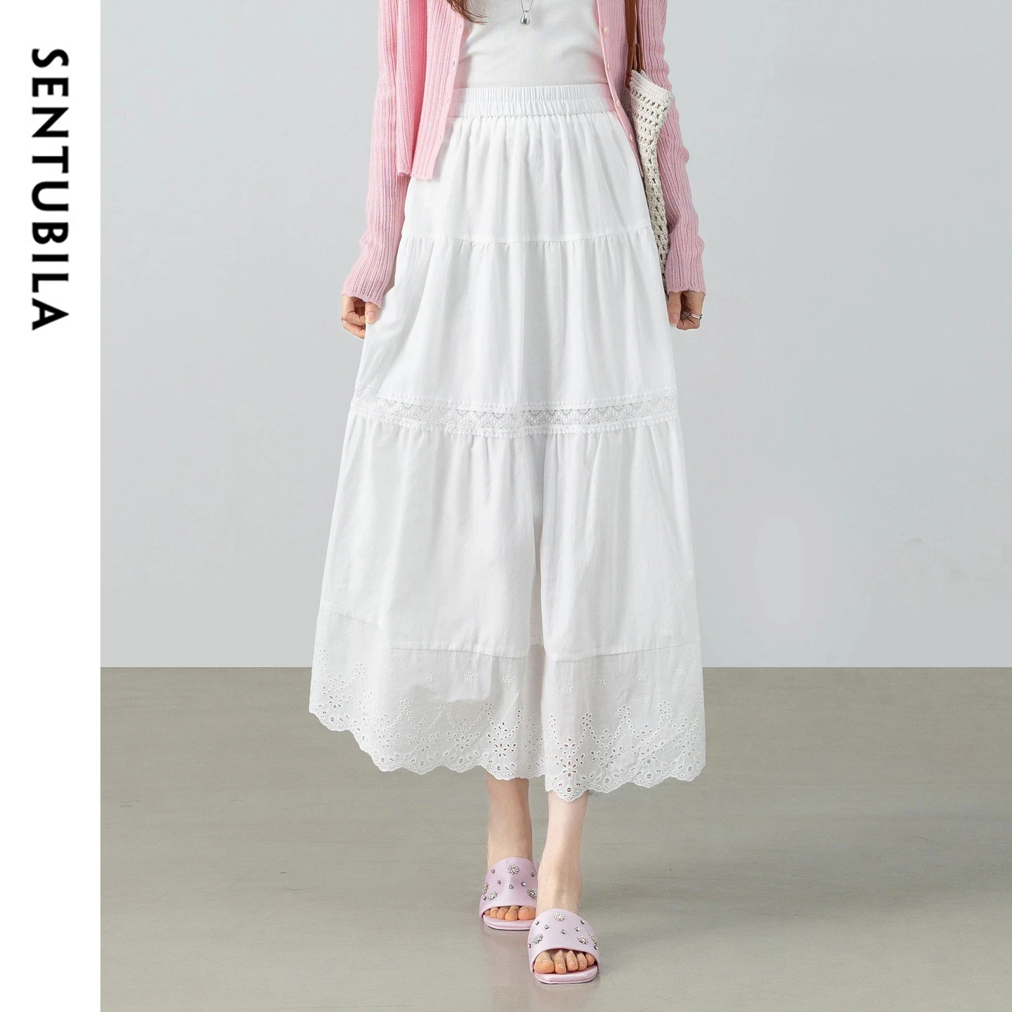 SENTUBILA Women's White Skirt Summer 2026 Elegant Fashion Lace Patchwork Hollow Embroidered Hem Midi Skirt for Ladies 162QA6116
SENTUBILA Women's White Skirt Summer 2026 Elegant Fashion Lace Patchwork Hollow Embroidered Hem Midi Skirt for Ladies 162QA6116