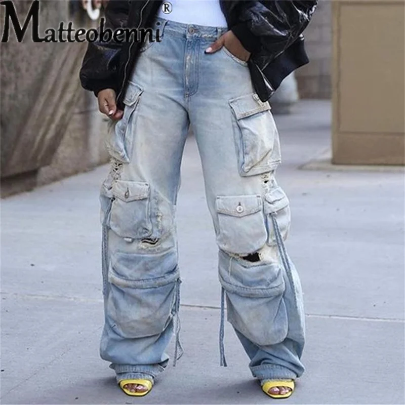 Vintage Spliced Multi-pockets Jeans Women's Trend Broken Holes Denim Pencil Female New Casual Strap Decoration Straight Trousers
Vintage Spliced Multi-pockets Jeans Women's Trend Broken Holes Denim Pencil Female New Casual Strap Decoration Straight Trousers