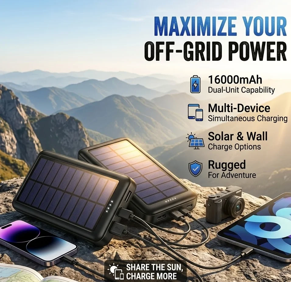 16000mAh Solar Power Bank Fast Charge Type C Portable Charger 3 Outputs External Battery Pack Quick Charging Backup Power For Cell Phone Tablet iPad Samsung Galaxy S24 S23 Ultra iPhone 16 Pro 15 Plus
16000mAh Solar Power Bank Fast Charge Type C Portable Charger 3 Outputs External Battery Pack Quick Charging Backup Power For Cell Phone Tablet iPad Samsung Galaxy S24 S23 Ultra iPhone 16 Pro 15 Plus