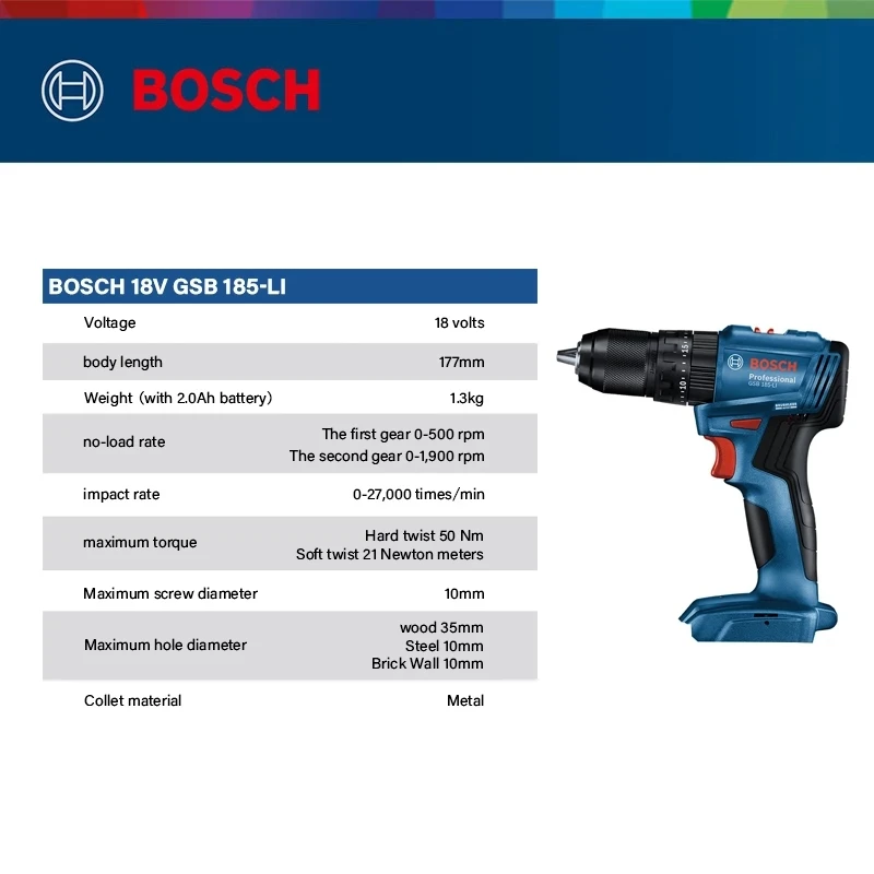 Bosch GSB 185-LI 18V Brushless Cordless Impact Drill 1900RPM Multifunctional Electric Screwdriver Power Tools (Without Battery)
Bosch GSB 185-LI 18V Brushless Cordless Impact Drill 1900RPM Multifunctional Electric Screwdriver Power Tools (Without Battery)