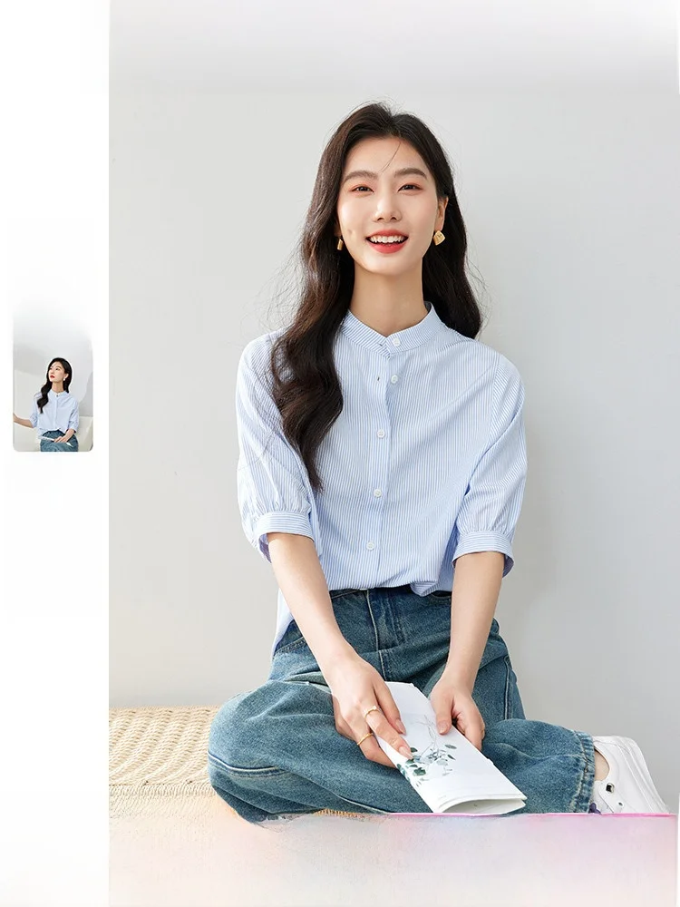 Slimming Effect Blue White Stripes Women's Shirt Short Sleeve Stand Collar French Style Loose Fit Button up Top
Slimming Effect Blue White Stripes Women's Shirt Short Sleeve Stand Collar French Style Loose Fit Button up Top