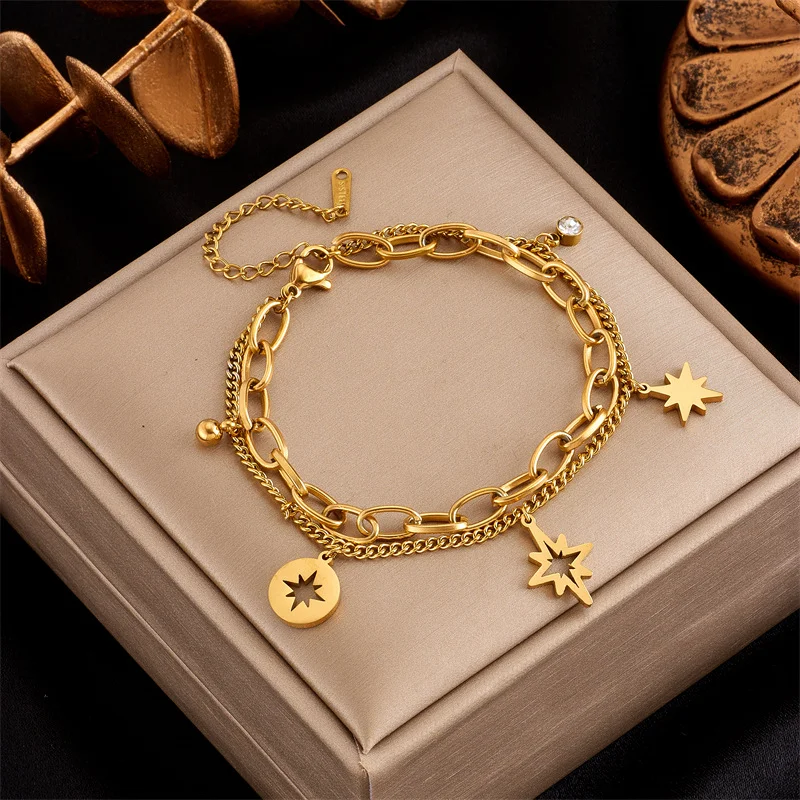 18K Gold Plated 316L Stainless Steel Double Layer Star Charm Bracelet with Crystal Accent for Women
18K Gold Plated 316L Stainless Steel Double Layer Star Charm Bracelet with Crystal Accent for Women